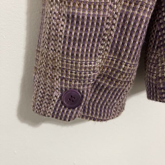 Worthington Plaid Tweed Cropped Blazer Size 14 Purple Beige Pockets Office Fall - Picture 5 of 11